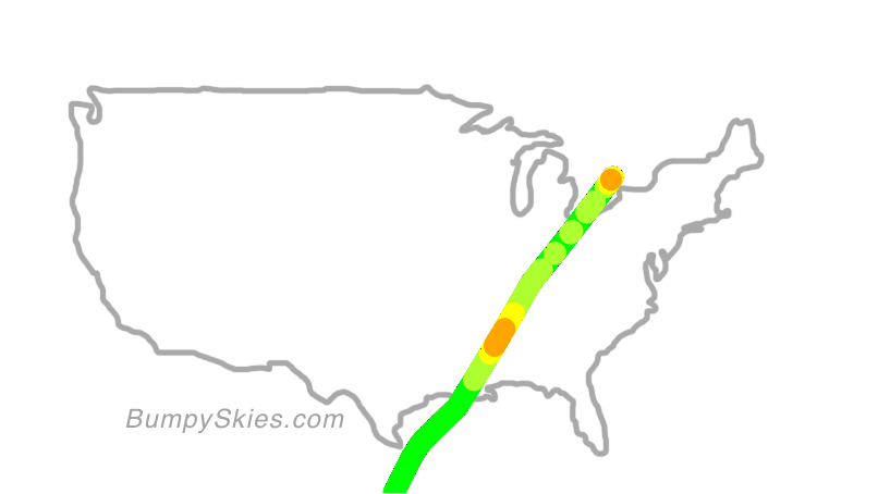Map of continental US with illustrated flight path and turbulence forecast (described in text below)