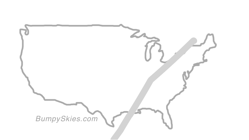 Map of continental US with illustrated flight path and turbulence forecast (described in text below)