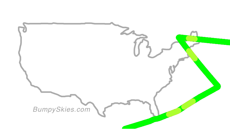 Map of continental US with illustrated flight path and turbulence forecast (described in text below)