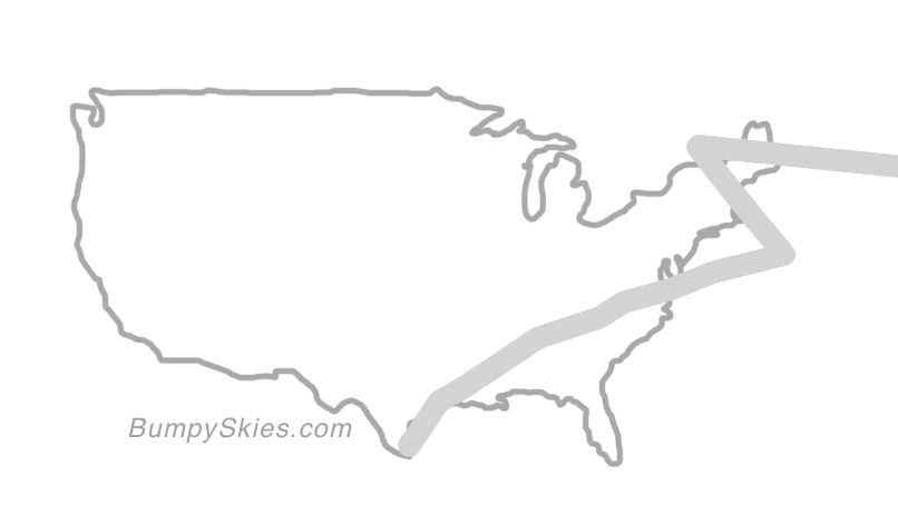 Map of continental US with illustrated flight path and turbulence forecast (described in text below)