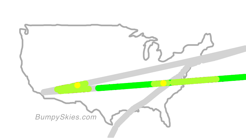 Map of continental US with illustrated flight path and turbulence forecast (described in text below)