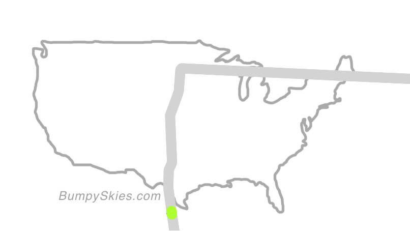 Map of continental US with illustrated flight path and turbulence forecast (described in text below)