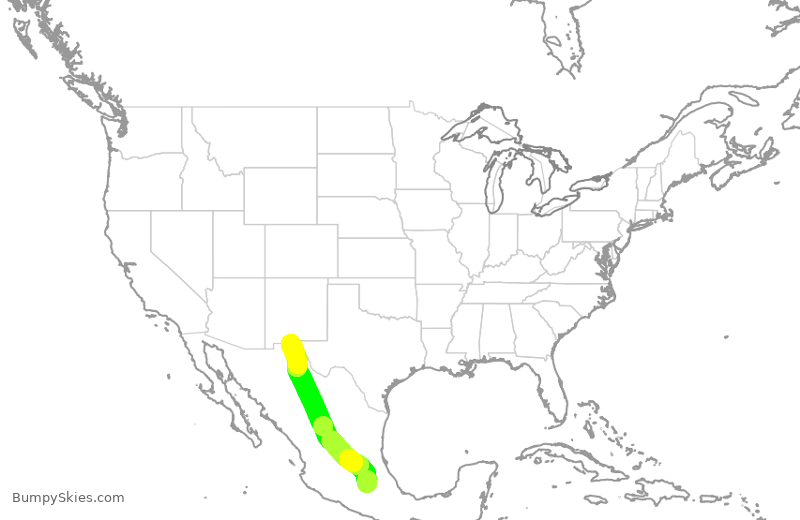 Turbulence forecast map for AMX121, MEX to CJS