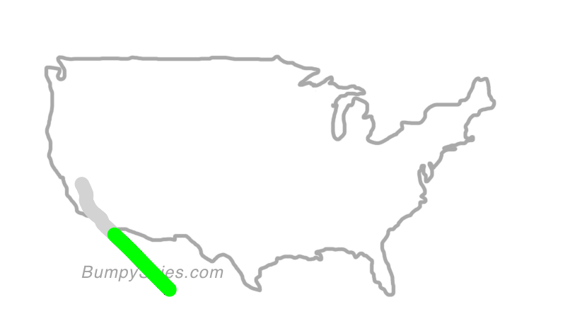 Map of continental US with illustrated flight path and turbulence forecast (described in text below)