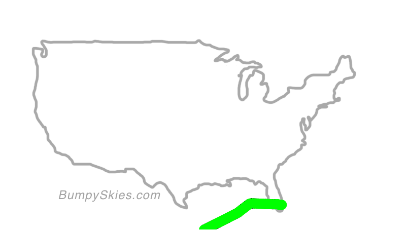 Map of continental US with illustrated flight path and turbulence forecast (described in text below)