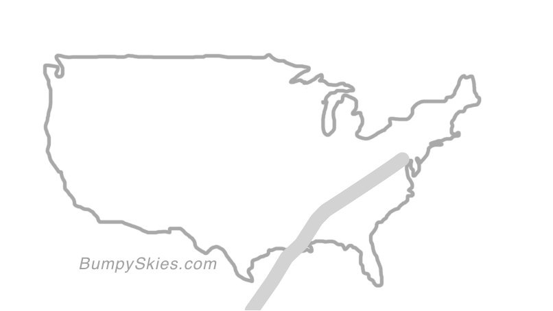 Map of continental US with illustrated flight path and turbulence forecast (described in text below)
