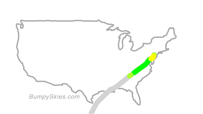 Map of continental US with illustrated flight path and turbulence forecast (described in text below)