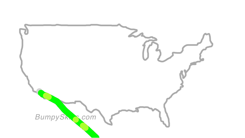 Map of continental US with illustrated flight path and turbulence forecast (described in text below)