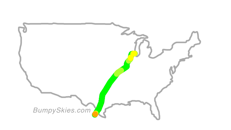 Map of continental US with illustrated flight path and turbulence forecast (described in text below)