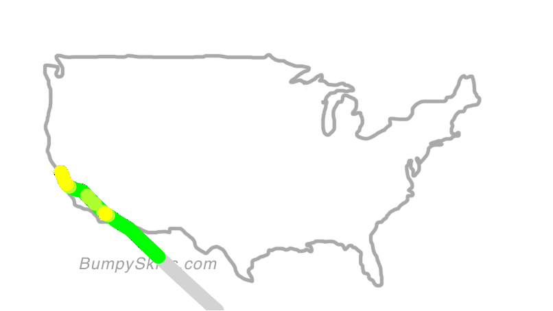 Map of continental US with illustrated flight path and turbulence forecast (described in text below)