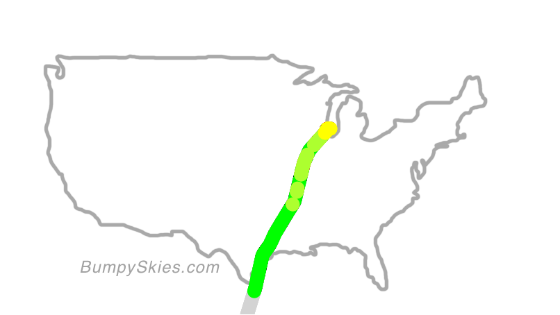 Map of continental US with illustrated flight path and turbulence forecast (described in text below)