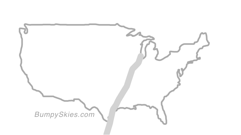 Map of continental US with illustrated flight path and turbulence forecast (described in text below)