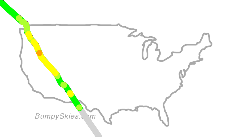 Map of continental US with illustrated flight path and turbulence forecast (described in text below)