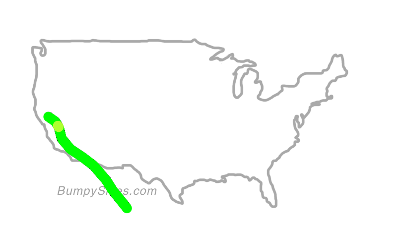 Map of continental US with illustrated flight path and turbulence forecast (described in text below)