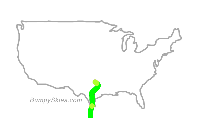 Map of continental US with illustrated flight path and turbulence forecast (described in text below)