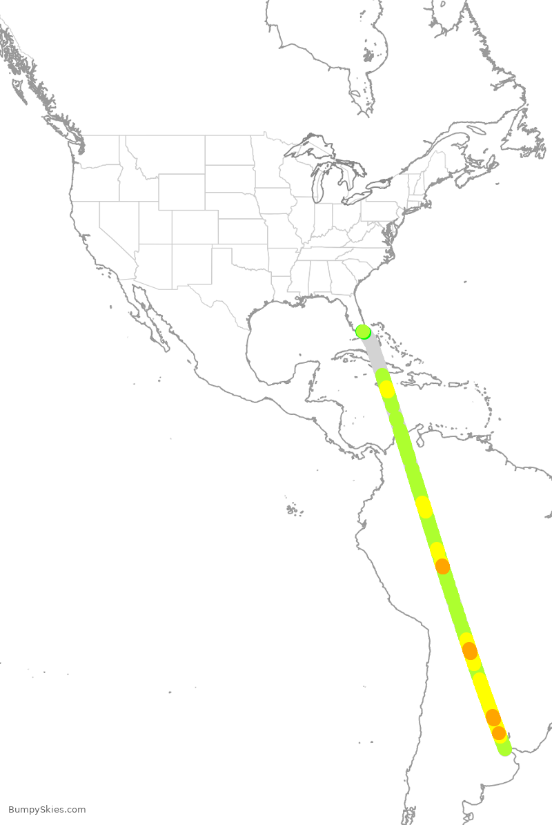 Turbulence forecast map for ARG1050, EZE to MIA