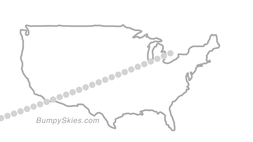 Map of continental US with illustrated flight path and turbulence forecast (described in text below)