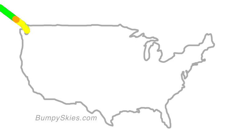 Map of continental US with illustrated flight path and turbulence forecast (described in text below)