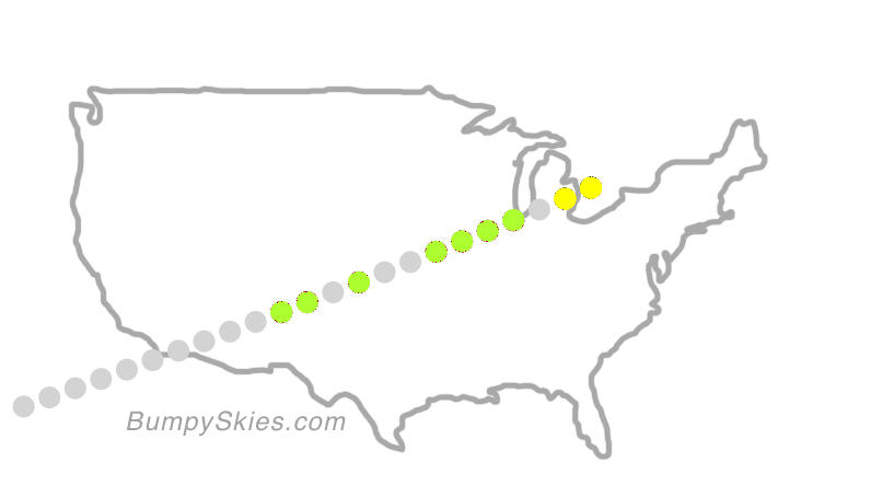 Map of continental US with illustrated flight path and turbulence forecast (described in text below)