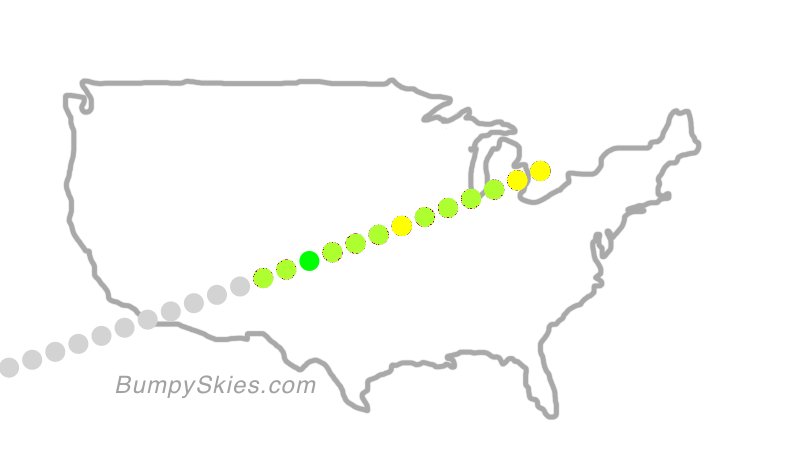 Map of continental US with illustrated flight path and turbulence forecast (described in text below)