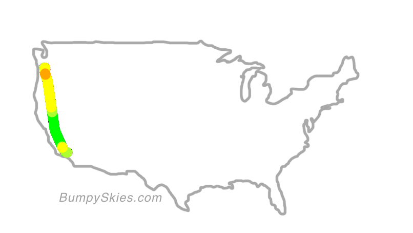 Map of continental US with illustrated flight path and turbulence forecast (described in text below)