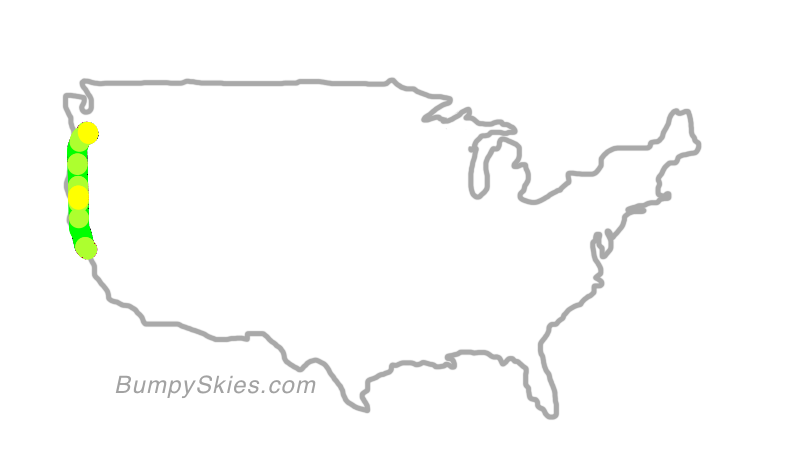Map of continental US with illustrated flight path and turbulence forecast (described in text below)