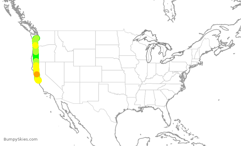 Turbulence forecast map for ASA1303, SEA to SJC