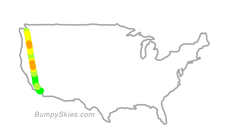 Map of continental US with illustrated flight path and turbulence forecast (described in text below)