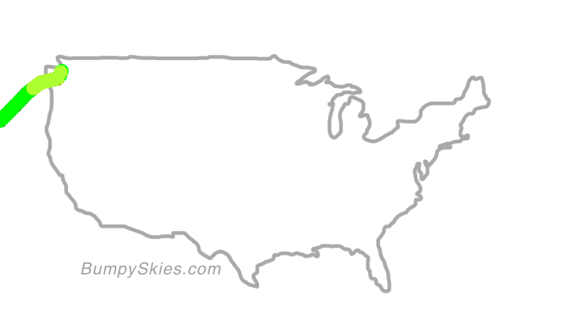 Map of continental US with illustrated flight path and turbulence forecast (described in text below)