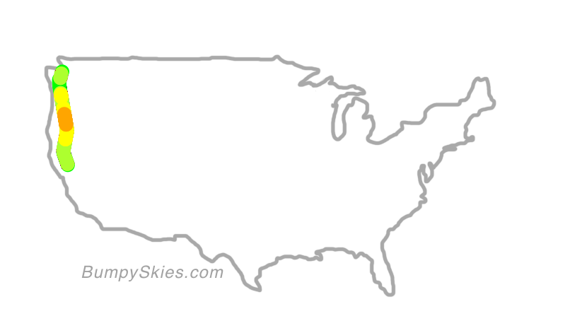 Map of continental US with illustrated flight path and turbulence forecast (described in text below)