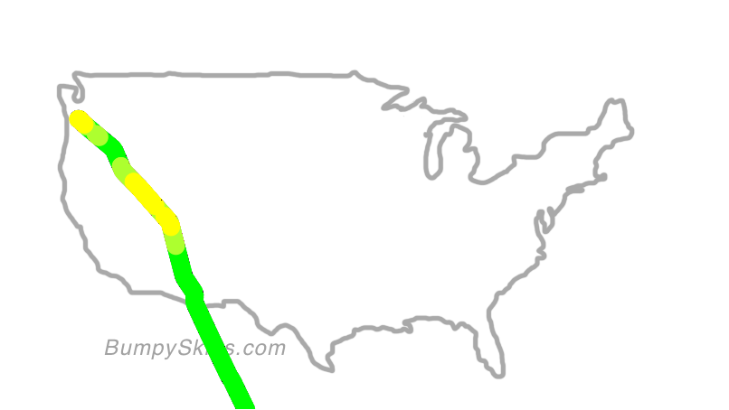 Map of continental US with illustrated flight path and turbulence forecast (described in text below)