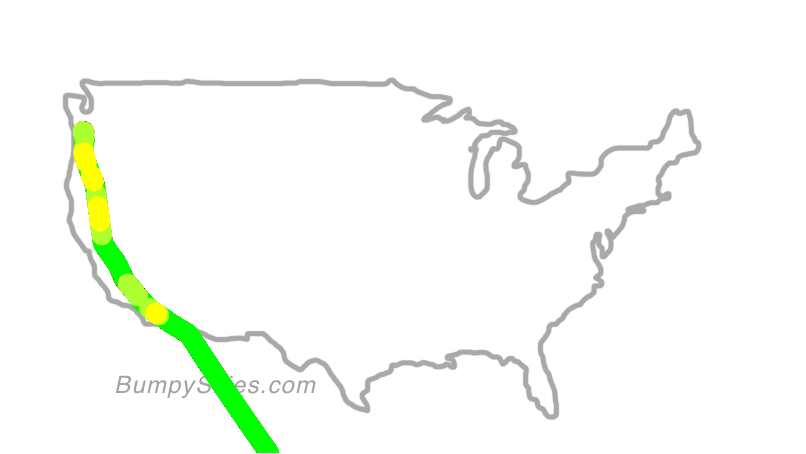 Map of continental US with illustrated flight path and turbulence forecast (described in text below)