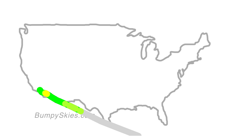 Map of continental US with illustrated flight path and turbulence forecast (described in text below)