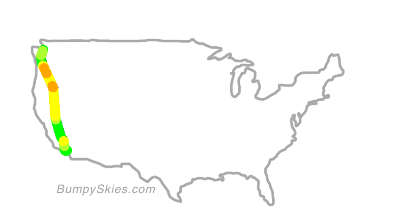 Map of continental US with illustrated flight path and turbulence forecast (described in text below)