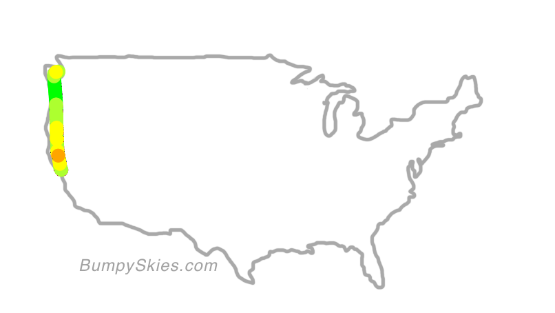 Map of continental US with illustrated flight path and turbulence forecast (described in text below)