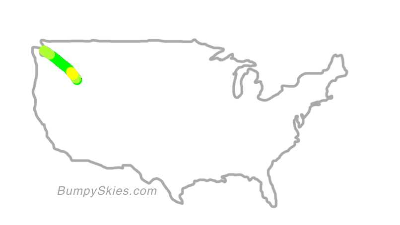 Map of continental US with illustrated flight path and turbulence forecast (described in text below)