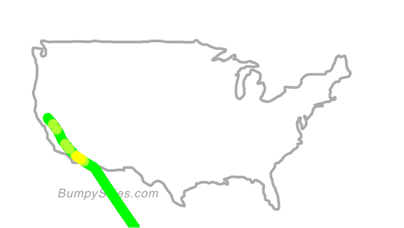 Map of continental US with illustrated flight path and turbulence forecast (described in text below)