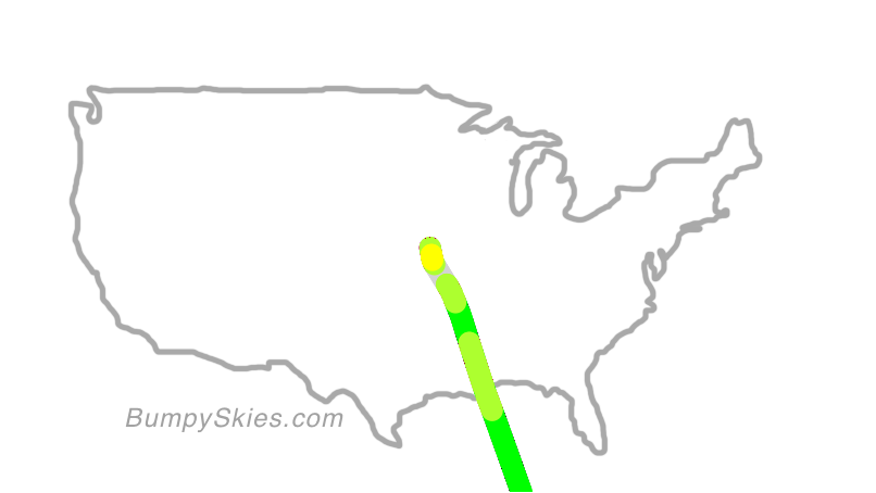 Map of continental US with illustrated flight path and turbulence forecast (described in text below)