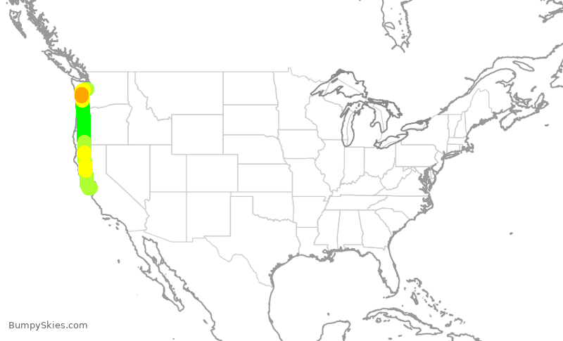 Turbulence forecast map for ASA1341, SEA to SJC