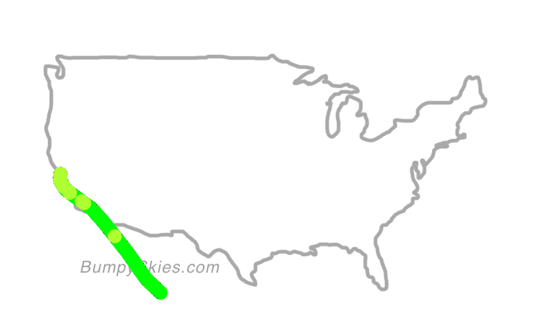 Map of continental US with illustrated flight path and turbulence forecast (described in text below)