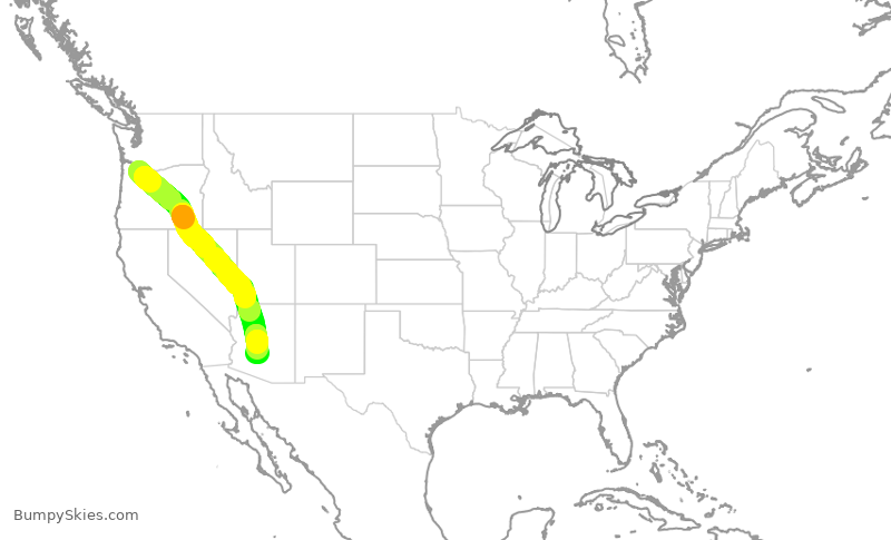 Map of continental US with illustrated flight path and turbulence forecast (described in text below)