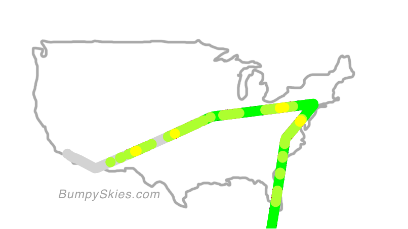 Map of continental US with illustrated flight path and turbulence forecast (described in text below)