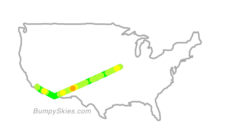 Map of continental US with illustrated flight path and turbulence forecast (described in text below)