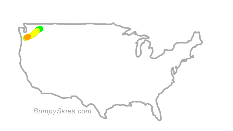 Map of continental US with illustrated flight path and turbulence forecast (described in text below)