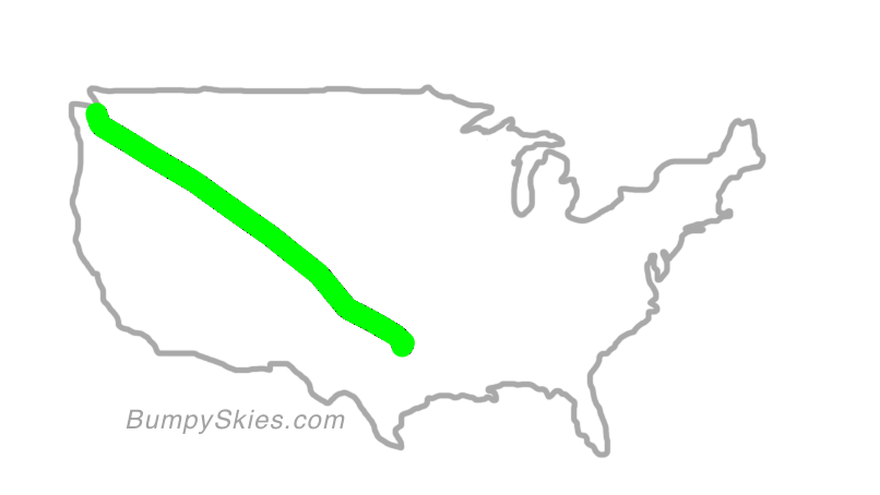 Map of continental US with illustrated flight path and turbulence forecast (described in text below)