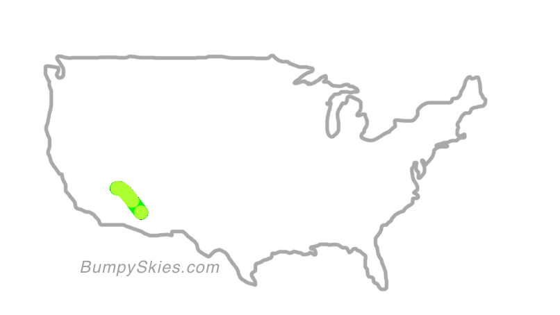 Map of continental US with illustrated flight path and turbulence forecast (described in text below)