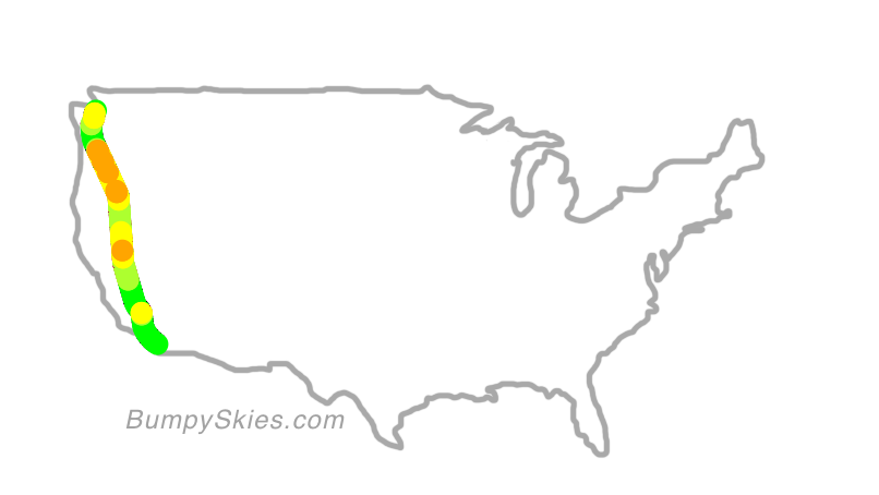 Map of continental US with illustrated flight path and turbulence forecast (described in text below)