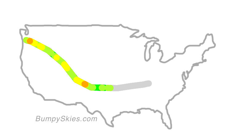Map of continental US with illustrated flight path and turbulence forecast (described in text below)