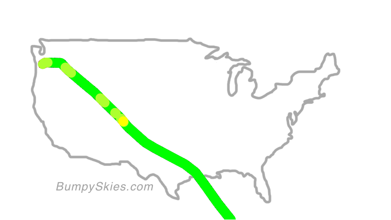 Map of continental US with illustrated flight path and turbulence forecast (described in text below)