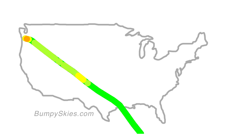Map of continental US with illustrated flight path and turbulence forecast (described in text below)